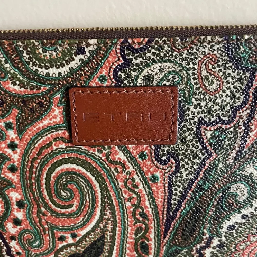 ETRO Paisley Coated Canvas Zip Pouch Clutch Multicolor Leather Trim Italy